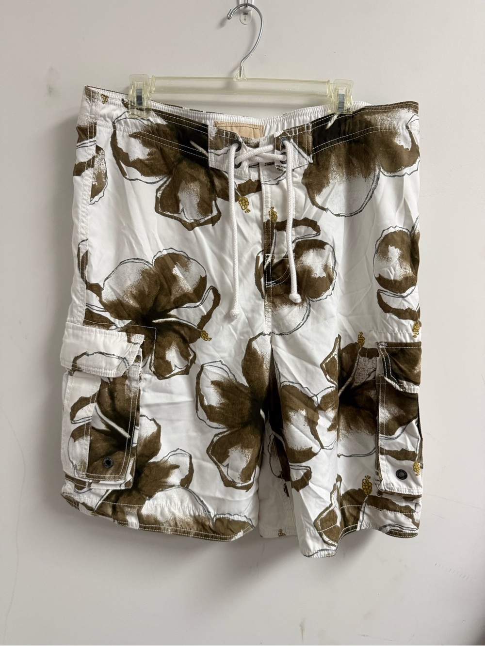 Hollister White Cargo Swim Shorts with Brown Floral Print